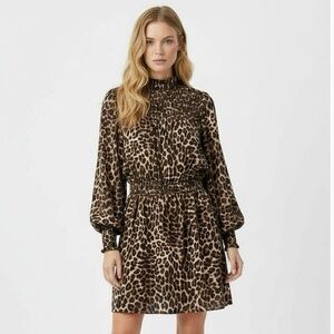 1. State Leopard Print Puff Long Sleeve Smocked Mock-Neck Midi Dress